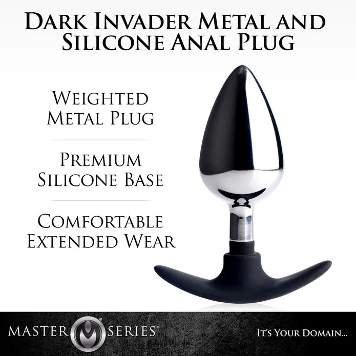 Master Series Dark Invader Metal and Silicone Anal Plug, Large, Black/Silver