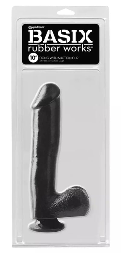 Pipedream Basix Rubber Works 10 inch Dong with Suction Cup Mount Base Black Realistic Dildo