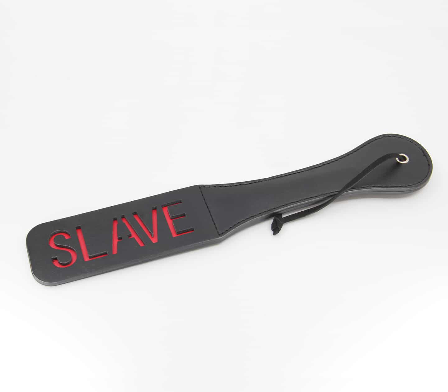 Black faux leather slapper paddle with ‘Slave’