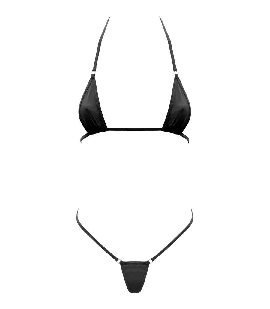 Spandex Micro Triangle Bikini Top and Matching G String 2 Piece Set Black One Size