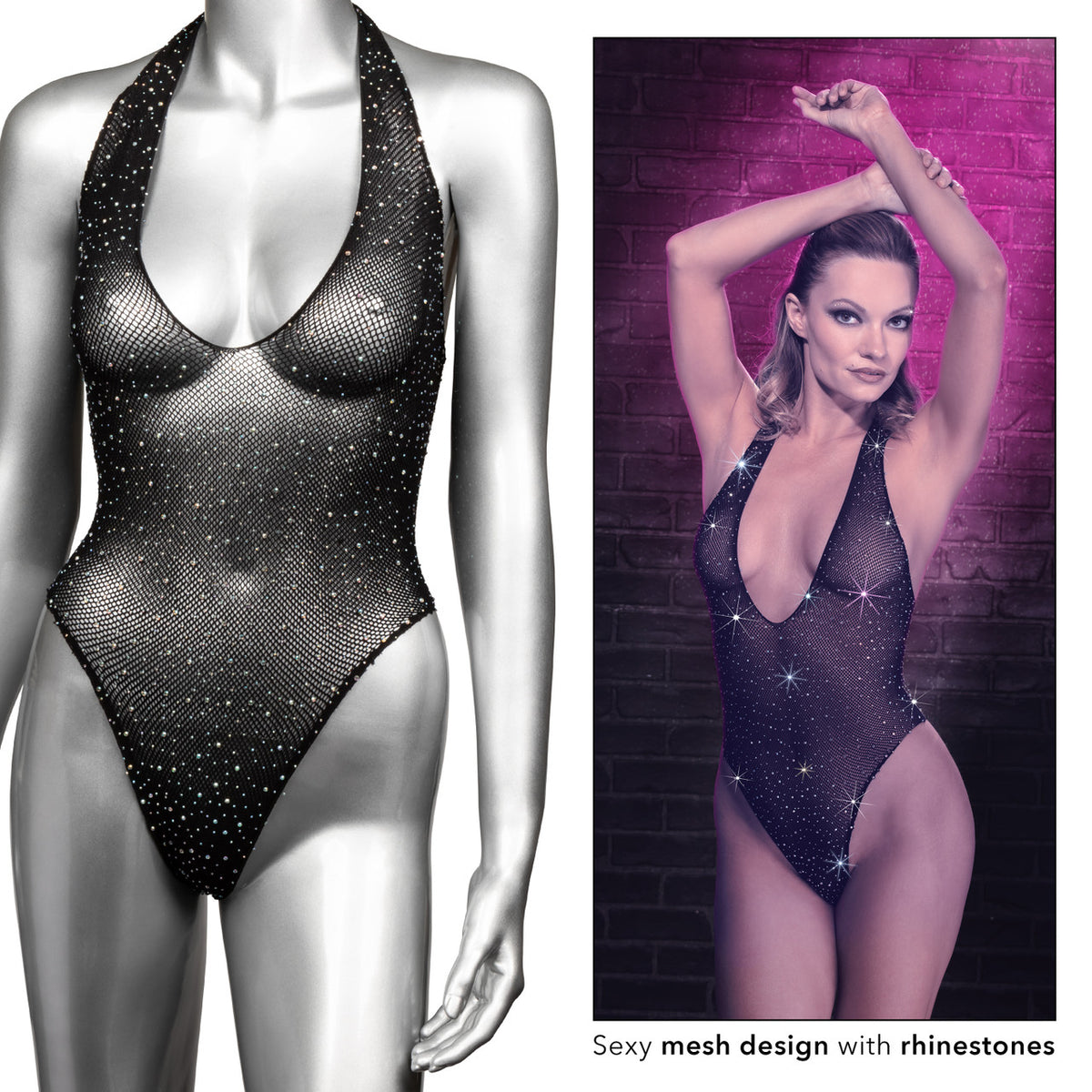 Radiance DEEP V BODYSUIT Black Teddy with Sparkling Rhinestones