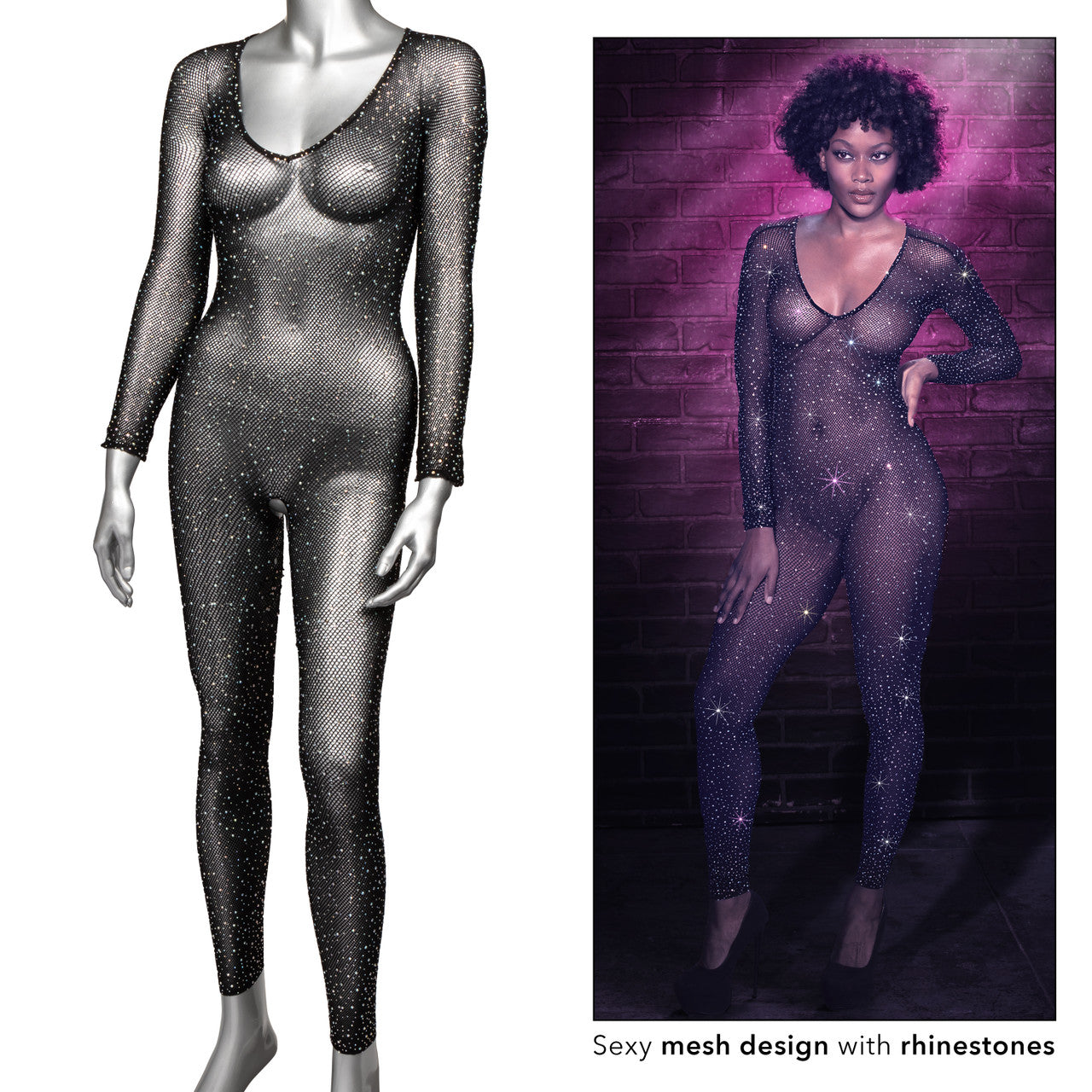 Radiance CROTCHLESS FULL BODYSUIT Black Open Crotch Bodysuit with Sparkling Rhinestones One Size