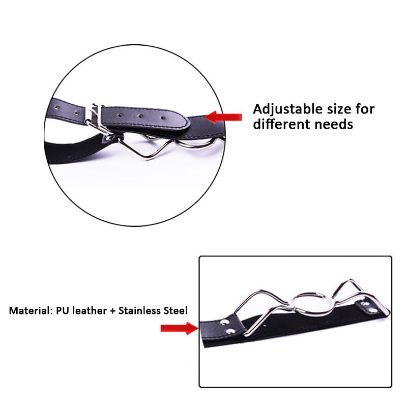 JOYGASMS Stainless Steel Butterfly Spider Open Mouth Gag 37mm Black PU Leather Strap