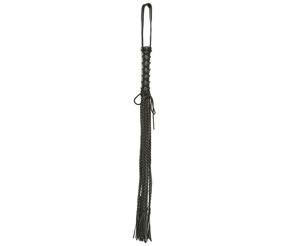 Love in Leather LONG LEATHER FLOGGER WITH CORSETED HANDLE AND PLAIT TAILS Black