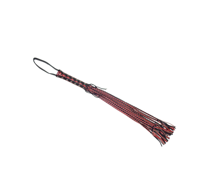 Love in Leather LONG LEATHER FLOGGER WITH CORSETED HANDLE AND PLAIT TAILS Black and Red