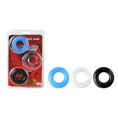Stay Hard Triple Donut Cock Ring Set - 3 Pack Stretchy Penis Rings (Blue, Clear, Black)