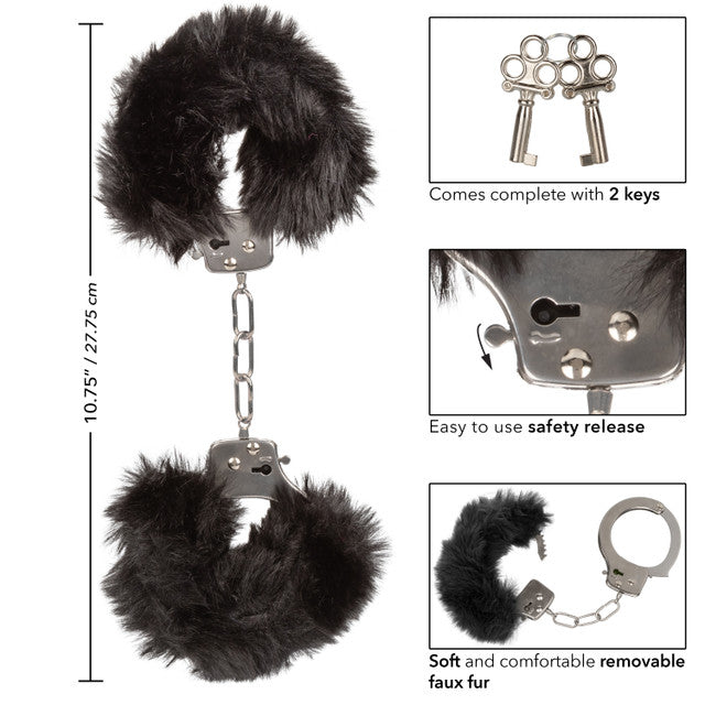 CaleXOtics ULTRA FLUFFY FURRY CUFFS Silver Metal Handcuffs with Luxurious Black Faux Fur