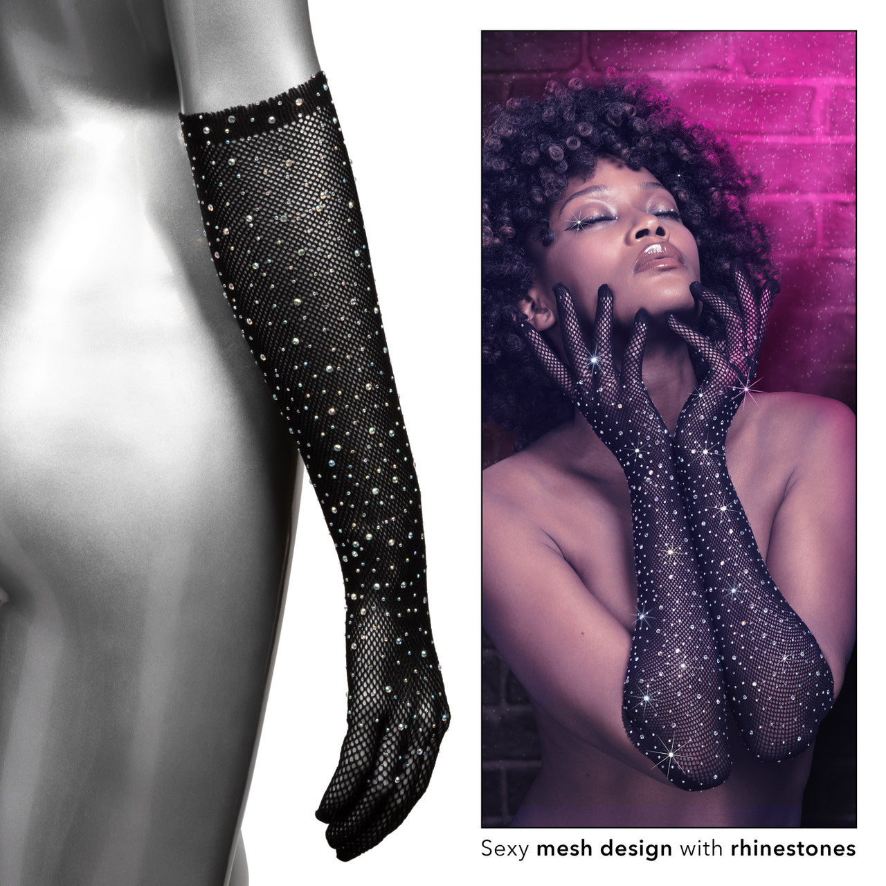 Radiance FULL LENGTH GLOVES Black Blindfold with Sparkling Rhinestone