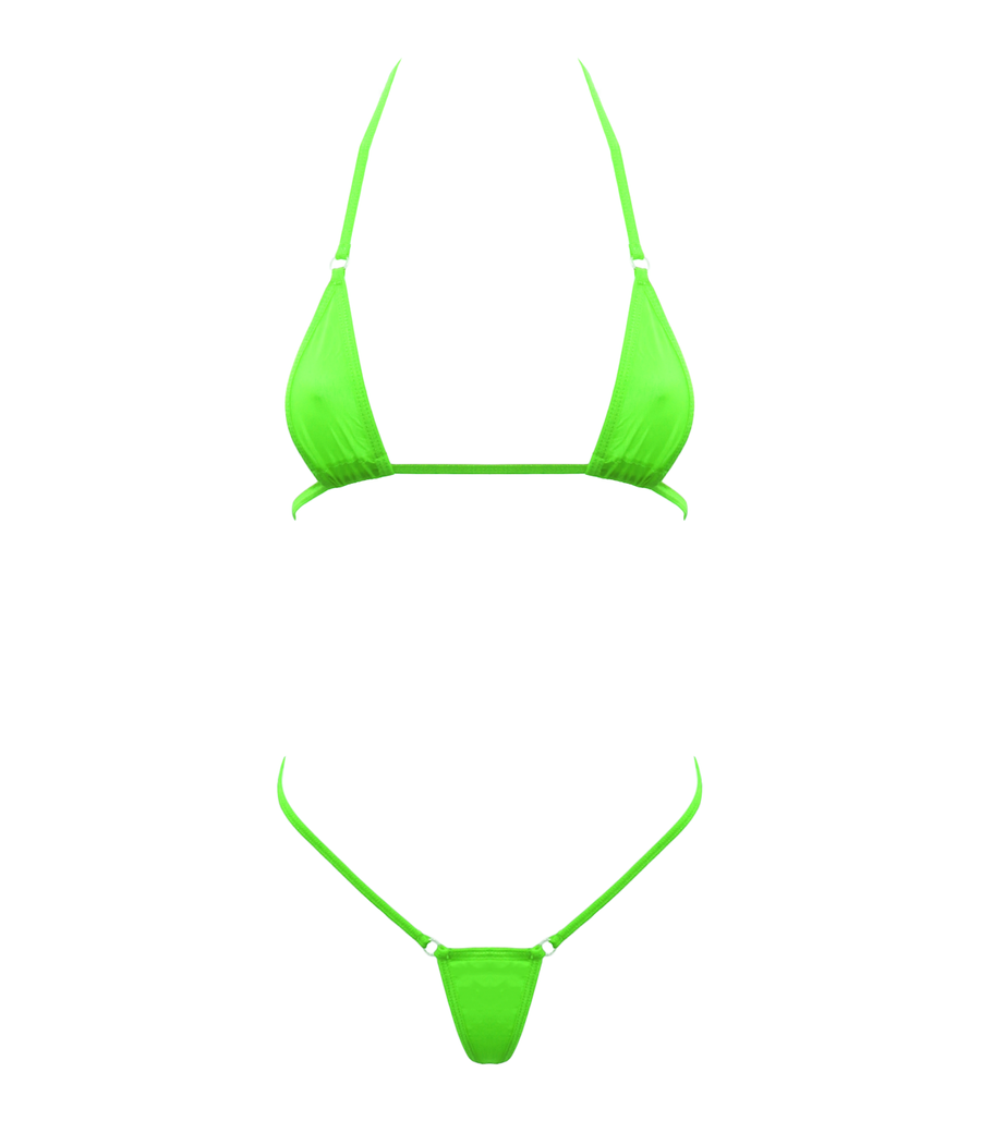 Spandex Micro Triangle Bikini Top and Matching G String 2 Piece Set Green One Size