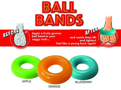 PROD Ball Bands - 3 Edible Fruity Gummy Testicular Bands. Flavors include Apple, Orange and Blueberry.