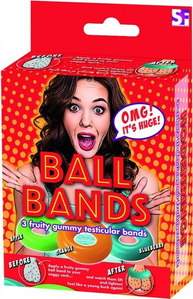 PROD Ball Bands - 3 Edible Fruity Gummy Testicular Bands. Flavors include Apple, Orange and Blueberry.