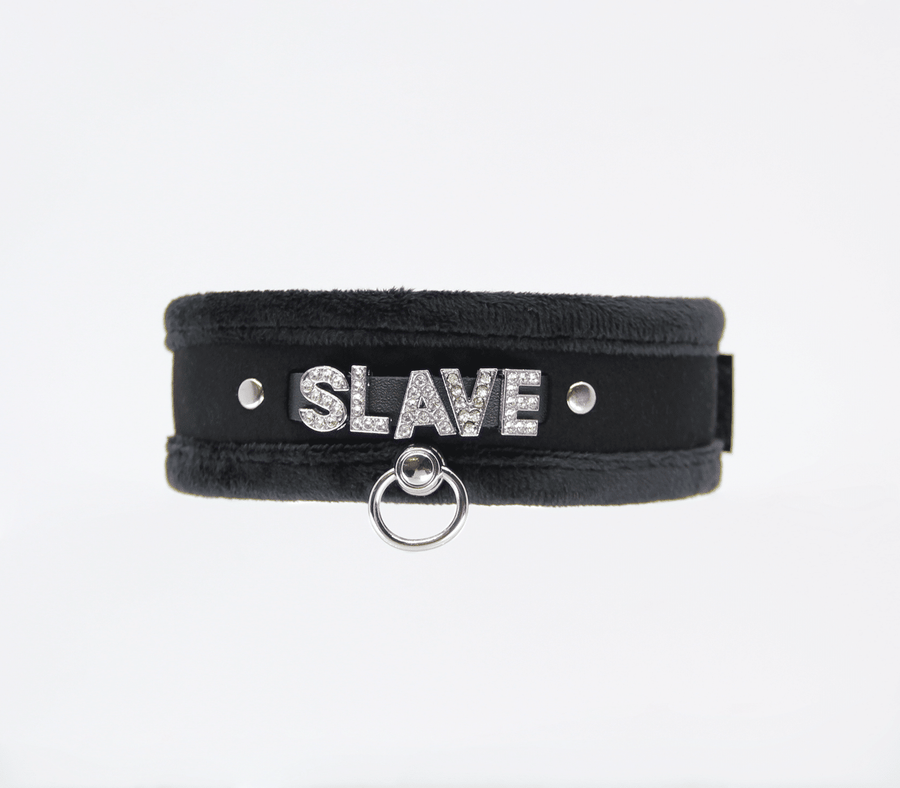 Love in Leather Black Velcro collar SLAVE diamonte
