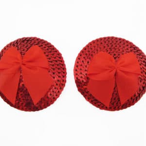Round Sequin Nipple Pasties with Satin Bow Red