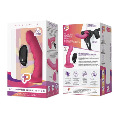 Pegasus 6 inch Curved Realistic Ripple G-Spot P-Spot Peg Rechargeable Remote Controlled Pegging Set includes Adjustable Harness