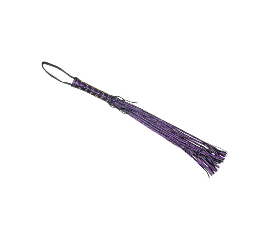 Love in Leather LONG LEATHER FLOGGER WITH CORSETED HANDLE AND PLAIT TAILS Black and Purple