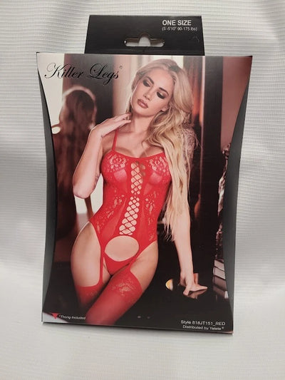 Sexy Red Fishnet Body Stocking Lingerie Set + Thong Garter Belt Thigh Highs