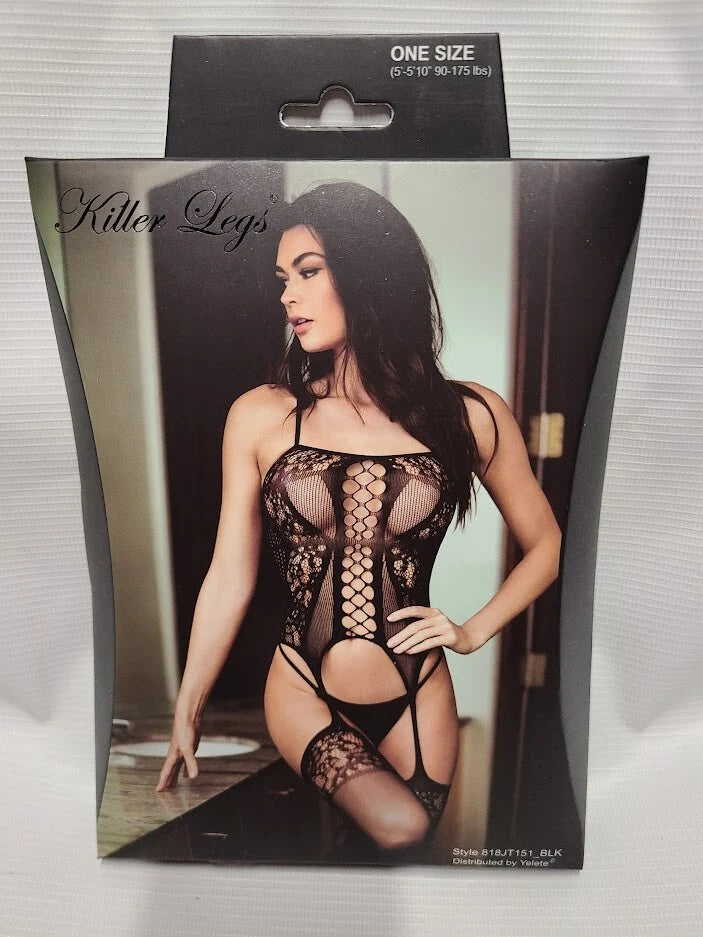Killer Legs Black Fishnet Bodystocking with Attached Thigh Highs