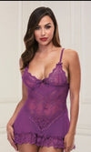 Baci Lingerie Mini Lace Babydoll Chemise with Matching G-String Purple 2 Piece Set