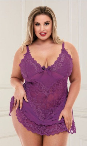 Baci Lingerie Mini Lace Babydoll Chemise with Matching G-String Purple 2 Piece Set