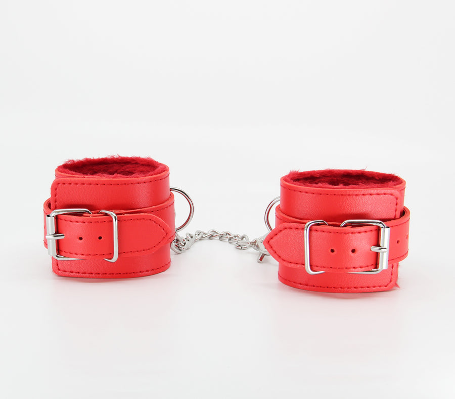 Berlin Baby Faux fur lined vegan leatherette adjustable wrist restraints with detachable chain join Red and Silver Handcuffs