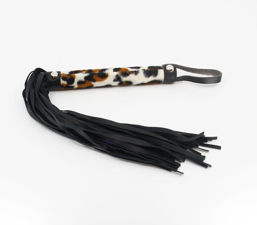 Berlin Baby Vegan Friendly Flogger with Leatherette Tails and Furry Animal Leopard Print Handle