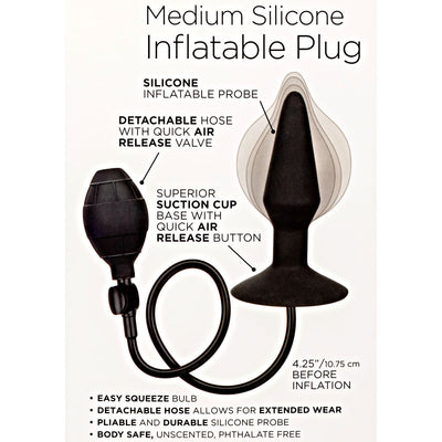 CalExotics Medium Silicone Inflatable Anal Butt Plug with Suction Cup Base and Detachable Hose 4.25 inch Black