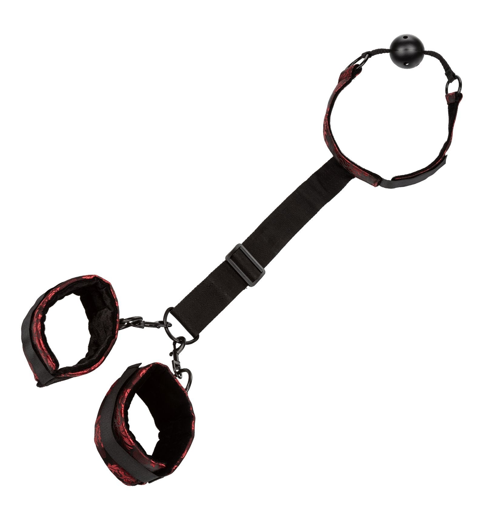 CalExotics Scandal Breathable Ball Gag with Collar and Wrist Handcuffs Red and Black
