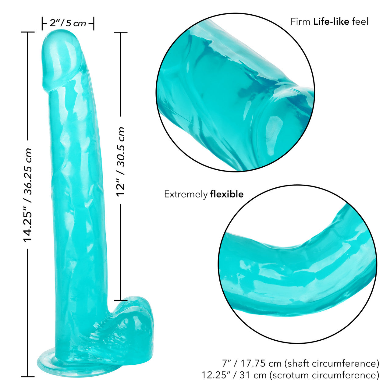 Calexotics SIZE QUEEN Flexible Dildo with Suction Cup 12 inch Turquoise Blue