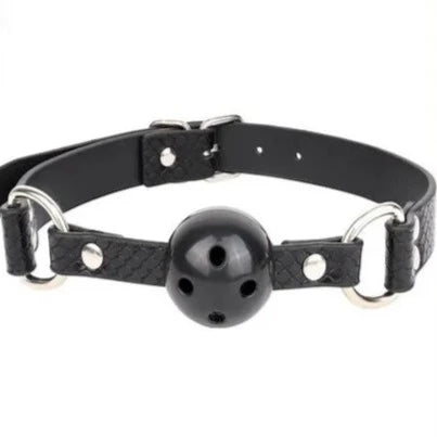 JOYGASMS Black Breathable Ball Gag with Black Snake Skin Print PU Leather Strap and Silver Metal Buckle
