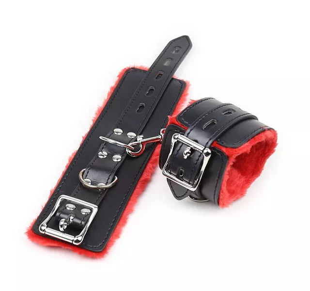 JOYGASMS Black Leather Lockable Ankle cuffs lined with Red Faux Fur