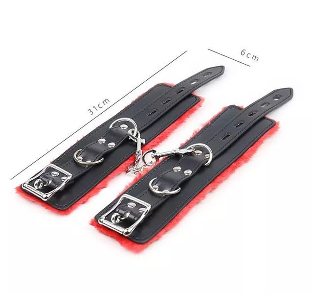 JOYGASMS Black Leather Lockable Ankle cuffs lined with Red Faux Fur