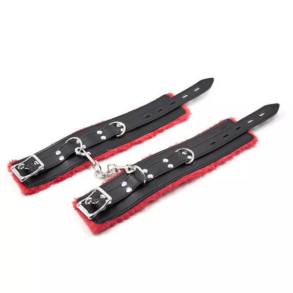 JOYGASMS Black Leather Lockable Handcuffs lined with Red Faux Fur