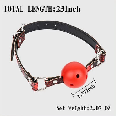 JOYGASMS Red Breathable Ball Gag with Red Snake Skin Print PU Leather Strap and Silver Metal Buckle