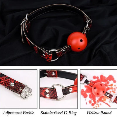 JOYGASMS Red Breathable Ball Gag with Red Snake Skin Print PU Leather Strap and Silver Metal Buckle