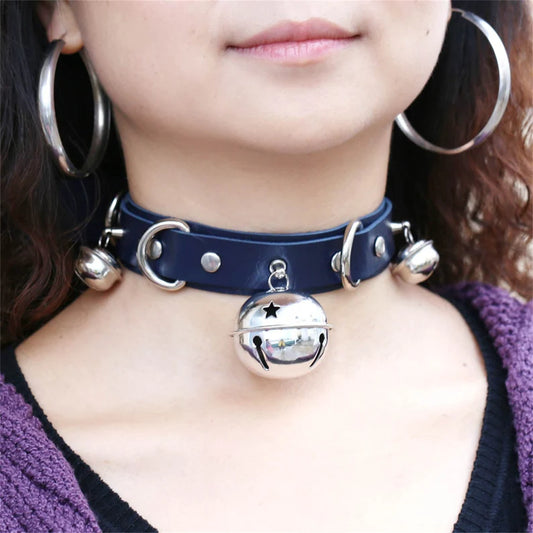 JOYGASMS Pu Leather Bell Collar Black Choker with Silver Metal Bells