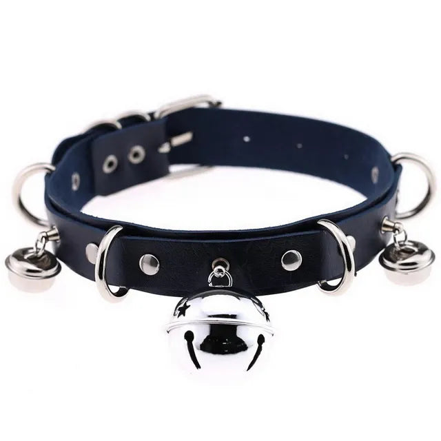 JOYGASMS Pu Leather Bell Collar Black Choker with Silver Metal Bells