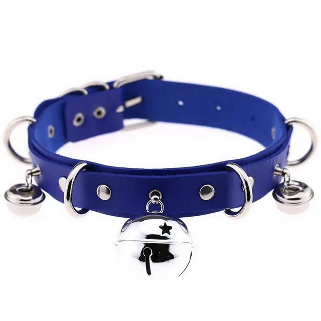 JOYGASMS Pu Leather Bell Collar Navy Blue Choker with Silver Metal Bells