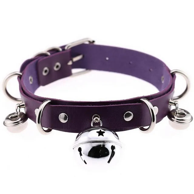 JOYGASMS PU Leather Bell Collar Choker – Purple with Silver Bells