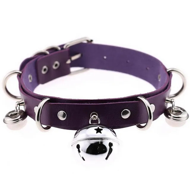 JOYGASMS Pu Leather Bell Collar Purple Choker with Silver Metal Bells