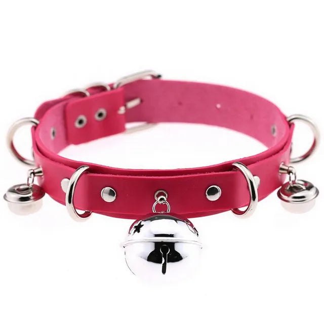 JOYGASMS Pu Leather Bell Collar Red Choker with Silver Metal Bells