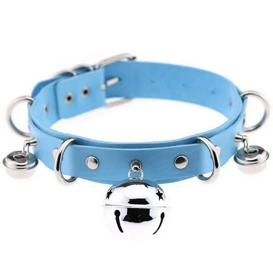 JOYGASMS Pu Leather Bell Collar Sky Blue Choker with Silver Metal Bells