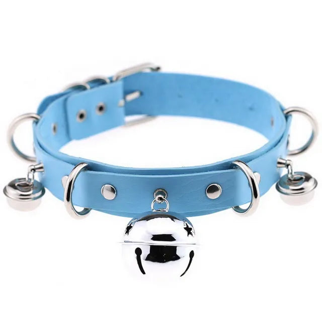 JOYGASMS Pu Leather Bell Collar Sky Blue Choker with Silver Metal Bells