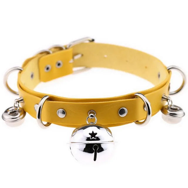 JOYGASMS Pu Leather Bell Collar Yellow Choker with Silver Metal Bells