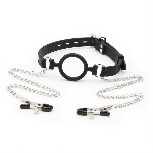 JOYGASMS Silicone Adjustable Open Mouth O-Ring Gag with Lockable Closure + Adjustable Alligator Tip Nipple Clamps with Link Chain