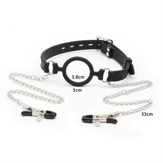 JOYGASMS Silicone Adjustable Open Mouth O-Ring Gag with Lockable Closure + Adjustable Alligator Tip Nipple Clamps with Link Chain
