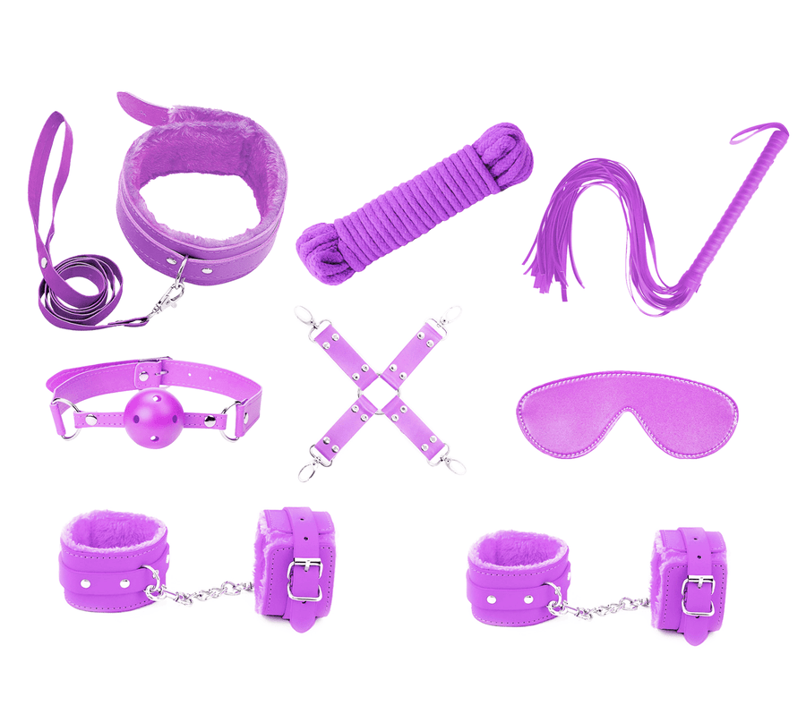 Love in Leather 9 Piece Bondage Kit Purple with Vegan Faux Leather Lined with Faux Fur