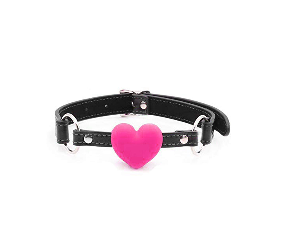 Love in Leather Black Faux Flat Grained Leather Ball Gag with Pink Silicone Heart
