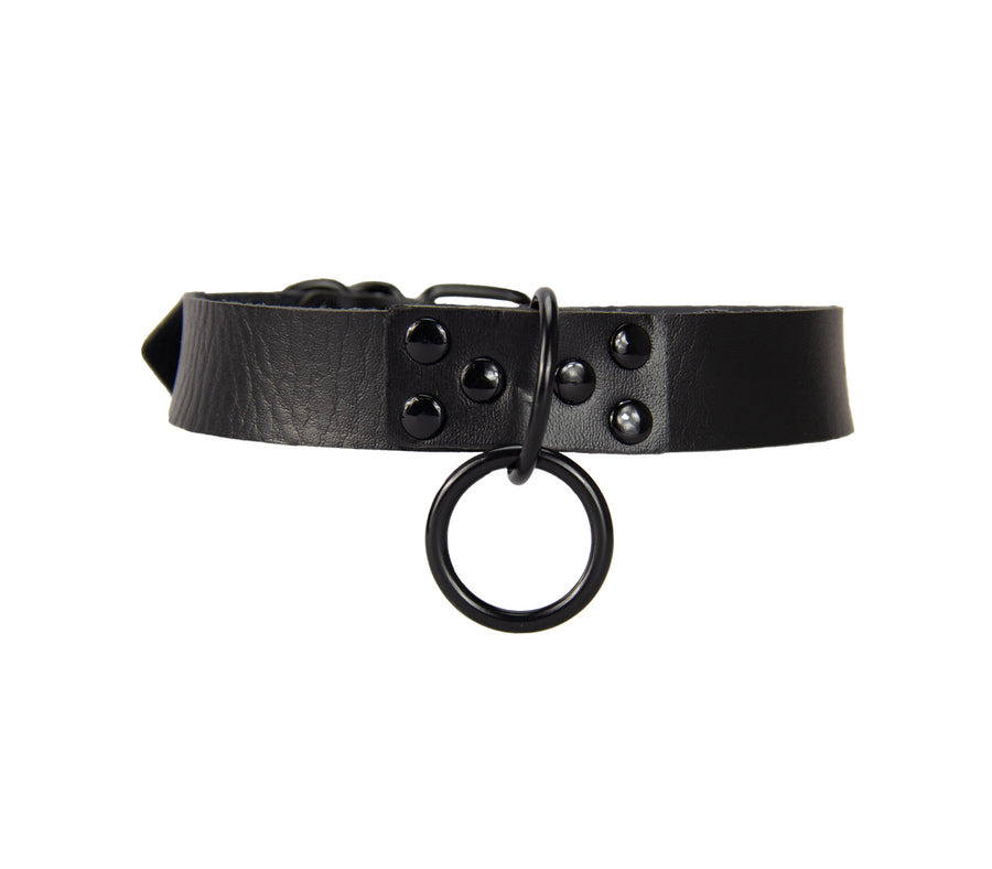 Love in Leather Black Faux Leather Choker Necklace with Black Ring Collar