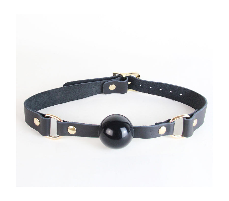 Love in Leather Black Soft Flat Leather Gag with Petite Solid Rubber Ball and Gold Buckle