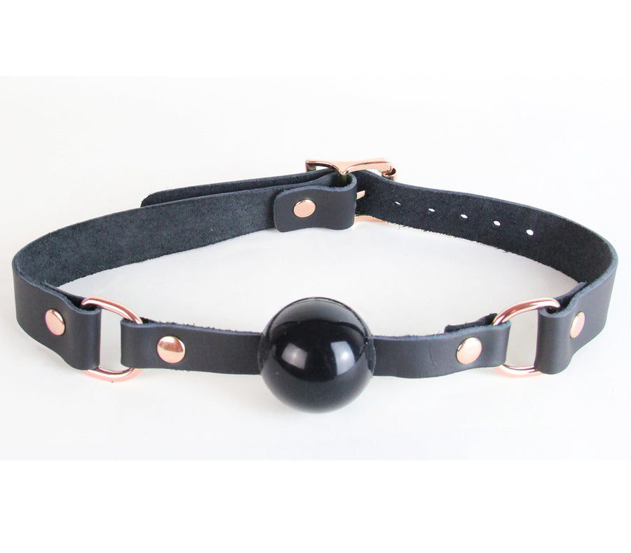 Love in Leather Black Soft Flat Leather Gag with Petite Solid Rubber Ball and Rose Gold Buckle